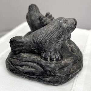 Sea Lion Mom & Baby Carved Figurine Al Wolf Sculptures Canada Inuit Style Mammal
